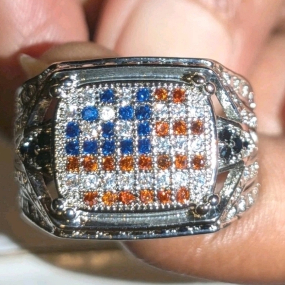 Silver and Blue Retro Patriotic Men's Ring  Sz 9